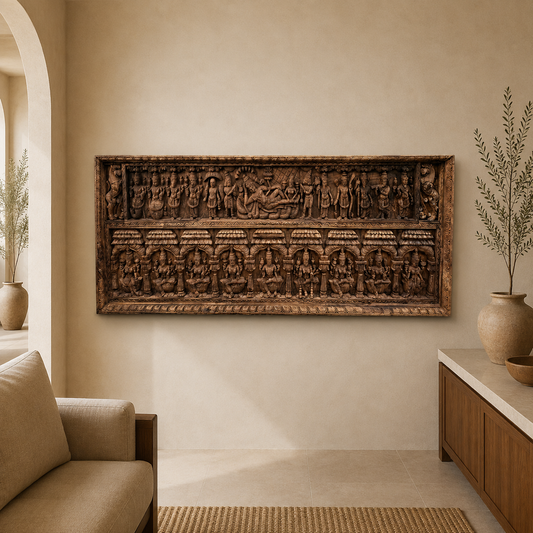 Dashavatara Aṣṭalakshmi Sabha Panel - Hand Carved in Poola Wood from Madhavamala, Andhra Pradesh