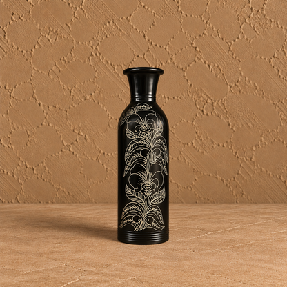 Floral Vine | Flower Vase, Silver Inlay, Black Pottery | Nizamabad, Azamgarh
