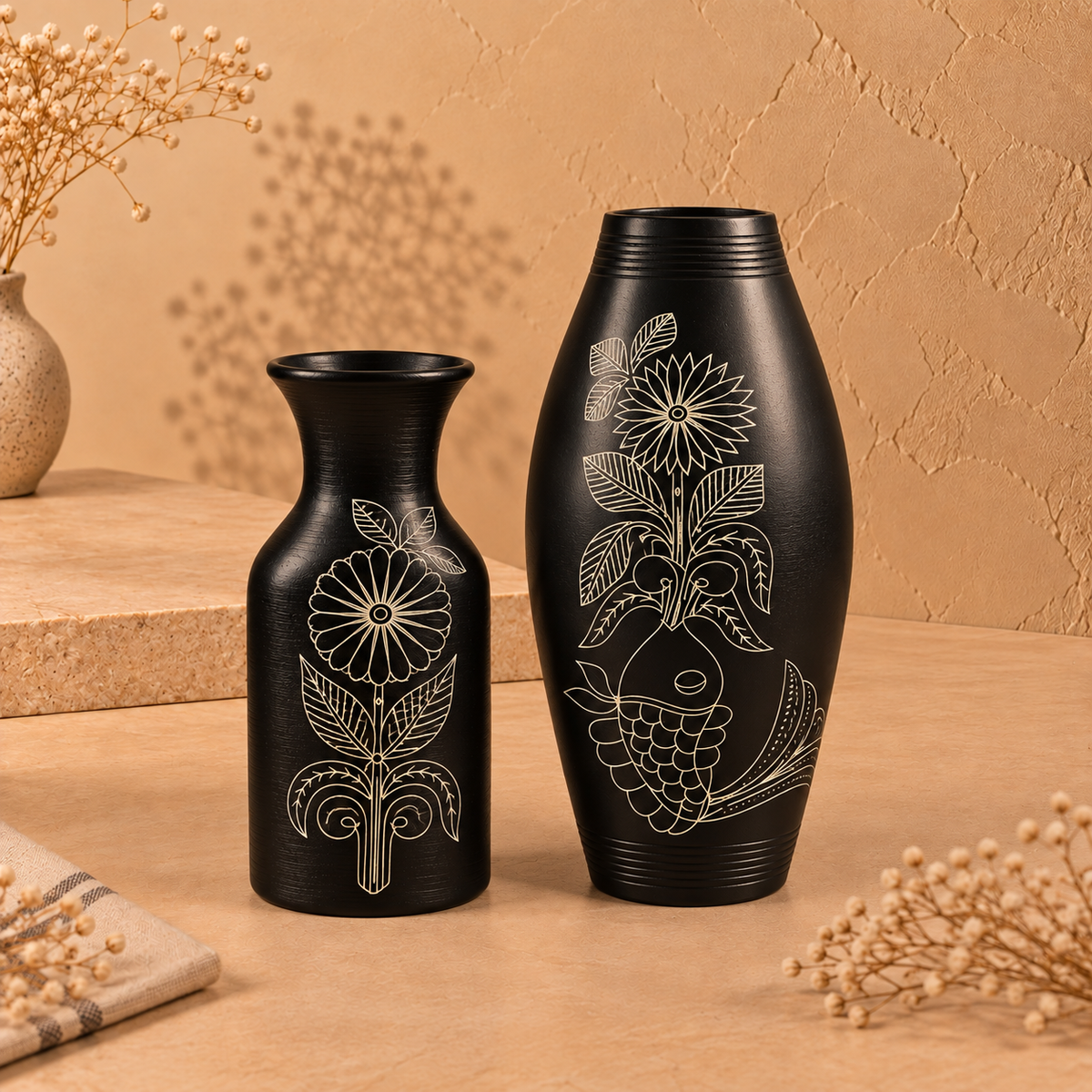 Botanical Tales | Decorative Vase Set, Black Pottery | Nizamabad, Azamgarh