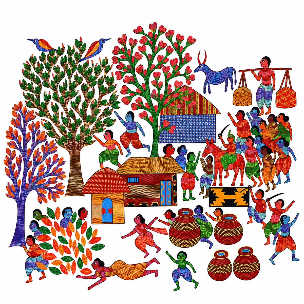 A Gond Village in Celebration — Hand Painted Gond Art from Madhya Pradesh