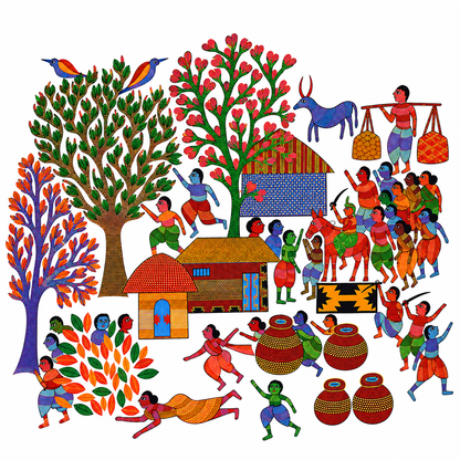 A Gond Village in Celebration — Hand Painted Gond Art from Madhya Pradesh