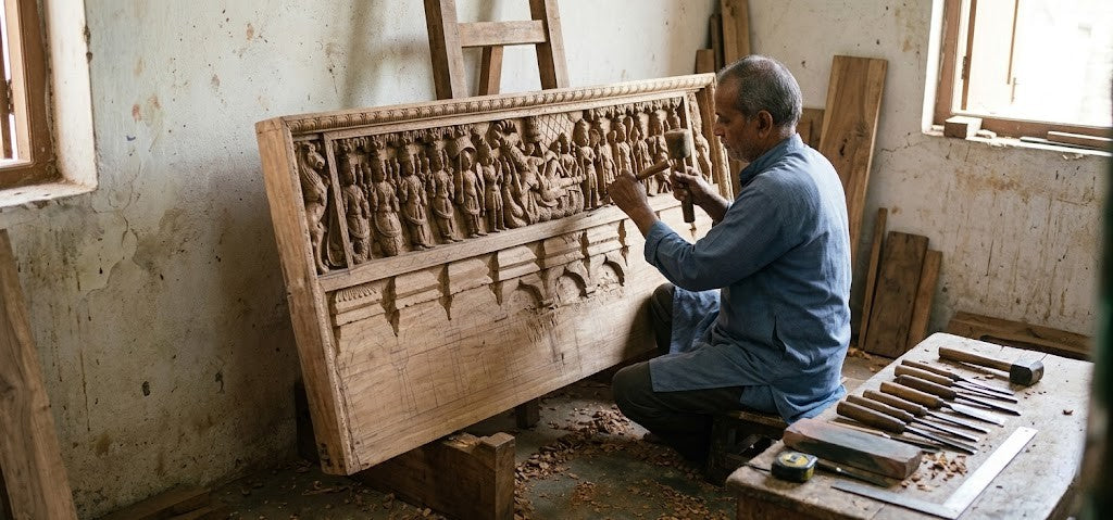 Dashavatara Aṣṭalakshmi Sabha Panel - Hand Carved in Poola Wood from Madhavamala, Andhra Pradesh