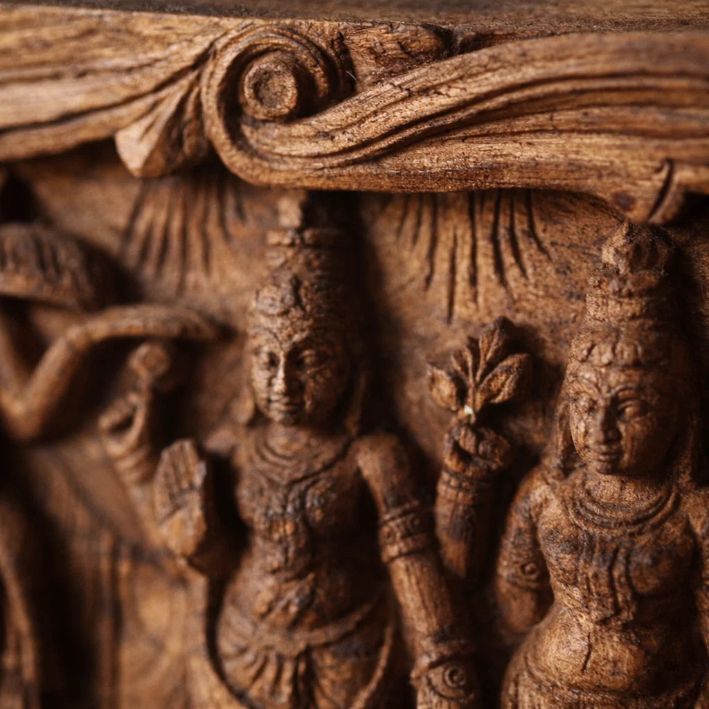 Vaikuntha Assembly Lintel - Hand Carved in Poola Wood from Madhavamala, Andhra Pradesh