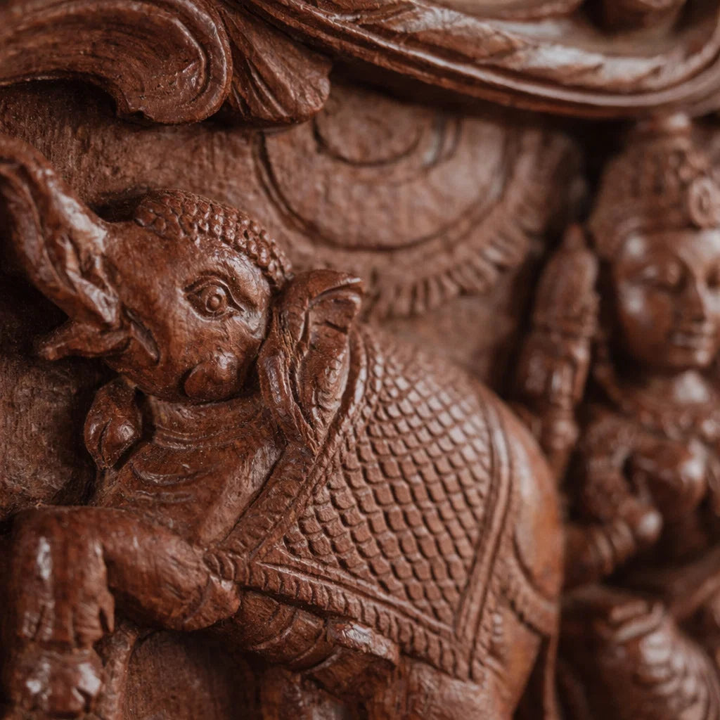 Gajalakshmi Threshold Panel  Rosewood Tone - Hand Carved in Poola Wood from Madhavamala, Andhra Pradesh