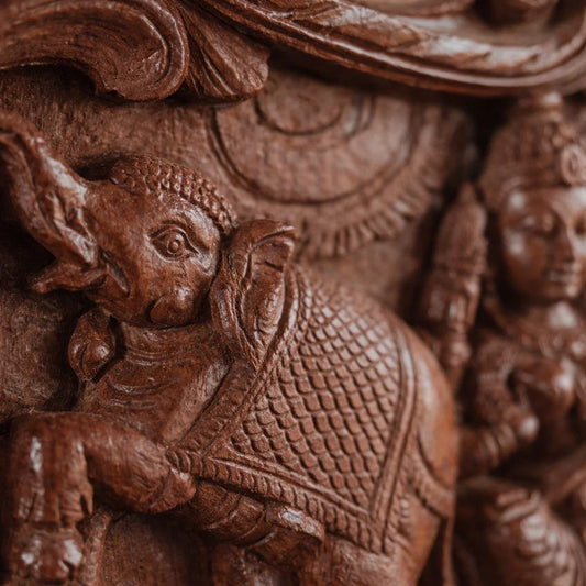 Gajalakshmi Threshold Panel  Rosewood Tone - Hand Carved in Poola Wood from Madhavamala, Andhra Pradesh