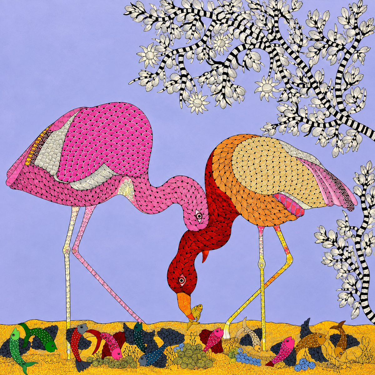 Flamingos Beneath the Flowering Tree — Hand Painted Gond Art from Madhya Pradesh