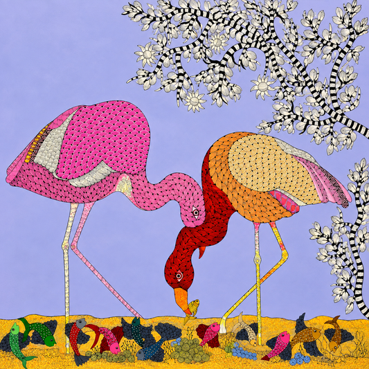 Flamingos Beneath the Flowering Tree — Hand Painted Gond Art from Madhya Pradesh