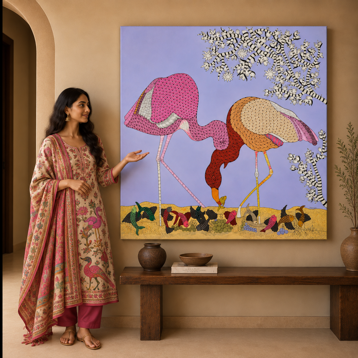 Flamingos Beneath the Flowering Tree — Hand Painted Gond Art from Madhya Pradesh