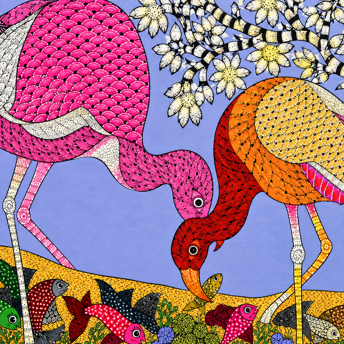 Flamingos Beneath the Flowering Tree — Hand Painted Gond Art from Madhya Pradesh
