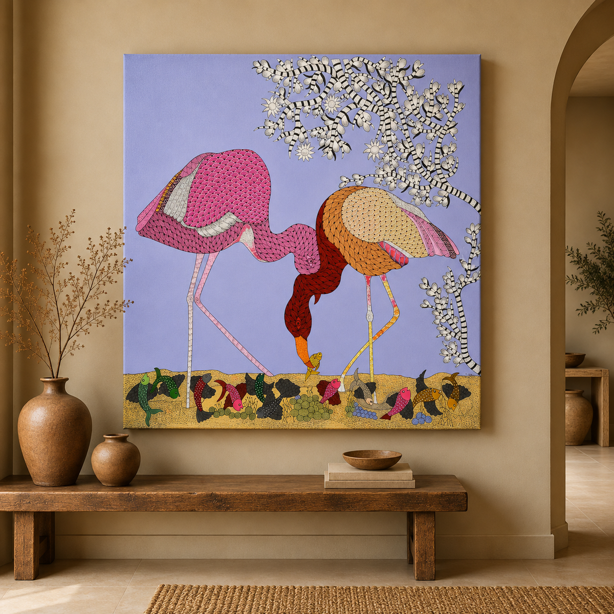 Flamingos Beneath the Flowering Tree — Hand Painted Gond Art from Madhya Pradesh