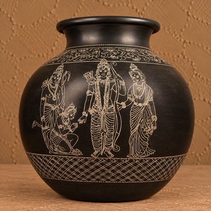 Ram Mandir & Ram, Lakshman and Sita Ji | Handcrafted Black Pottery Decorative Vase Matka| Nizamabad, Azamgarh