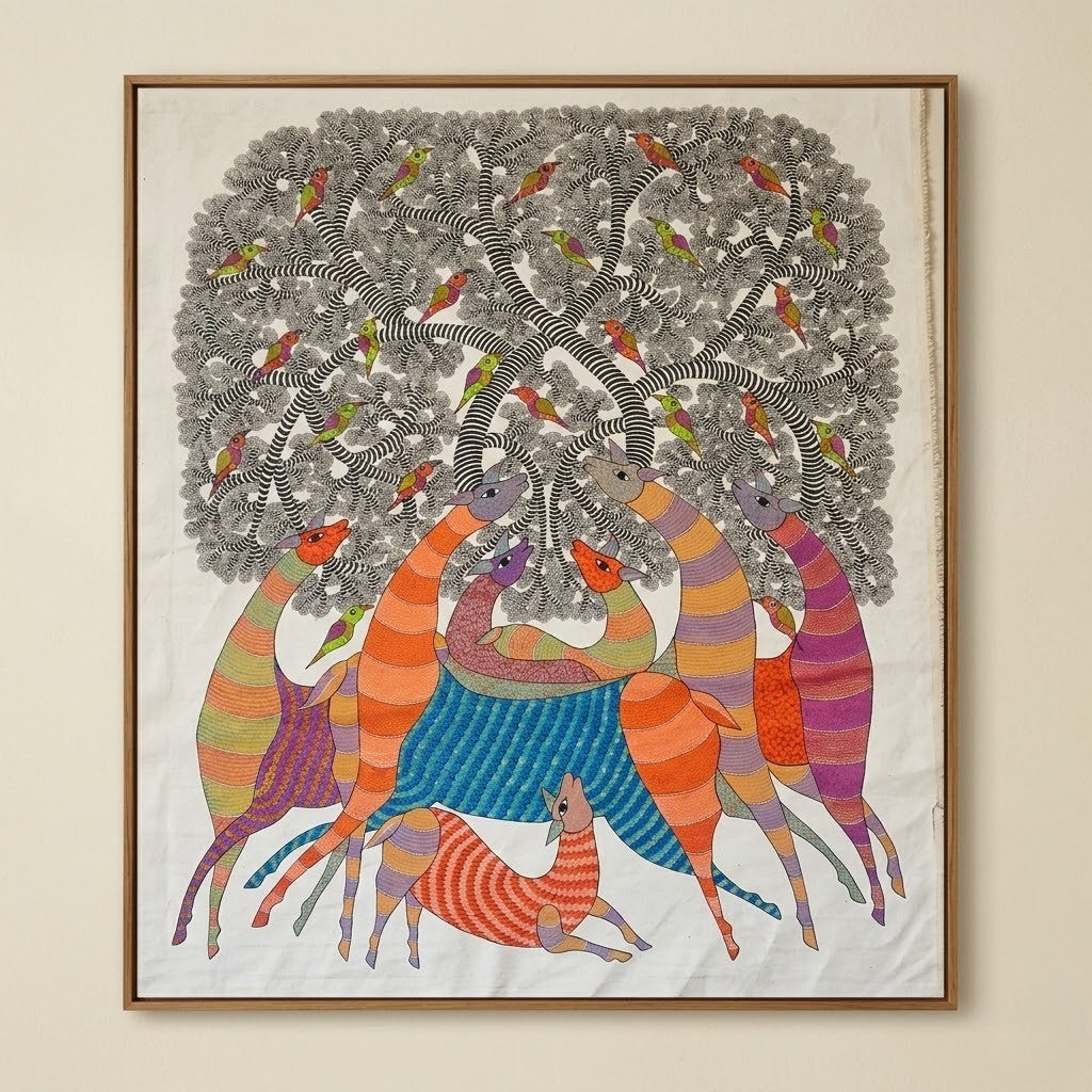 Forest Deer Gathering — Hand Painted Gond Art from Madhya Pradesh