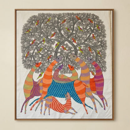 Forest Deer Gathering — Hand Painted Gond Art from Madhya Pradesh