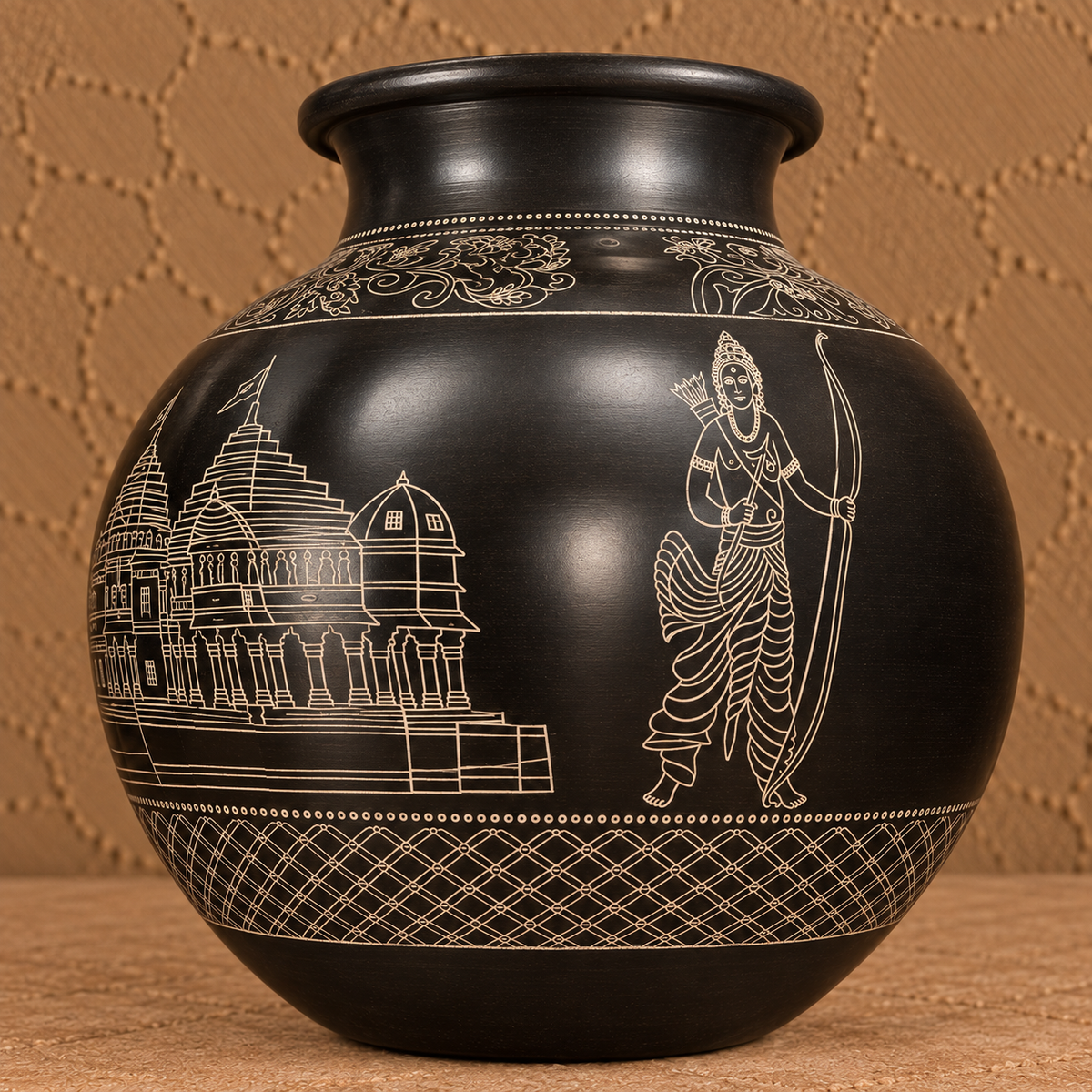 Ram Mandir & Ram, Lakshman and Sita Ji | Handcrafted Black Pottery Decorative Vase Matka| Nizamabad, Azamgarh