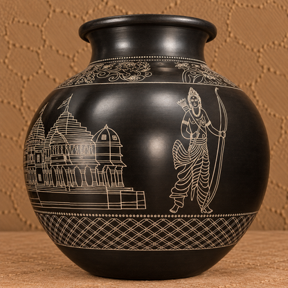Ram Mandir & Ram, Lakshman and Sita Ji | Handcrafted Black Pottery Decorative Vase Matka| Nizamabad, Azamgarh