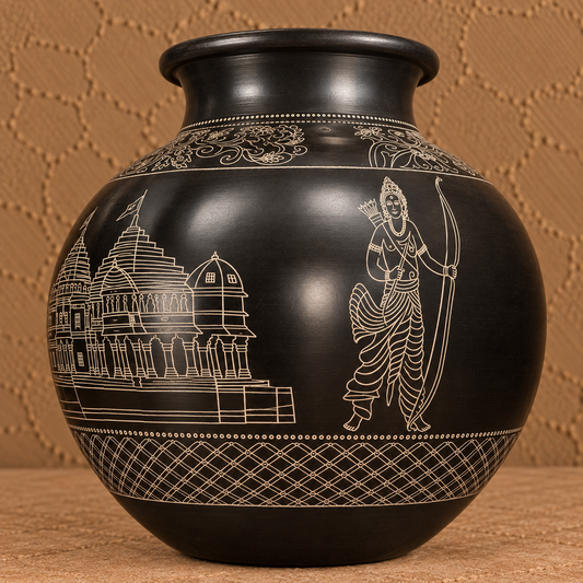 Ram Mandir & Ram, Lakshman and Sita Ji | Handcrafted Black Pottery Decorative Vase Matka| Nizamabad, Azamgarh
