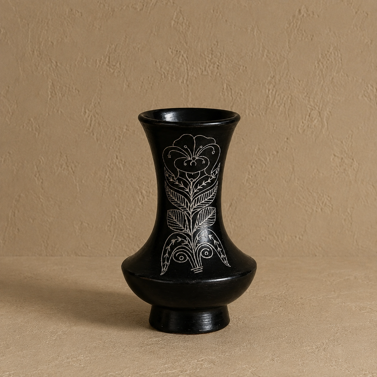 Trumpet Bloom | Flower Vase, Silver Inlay, Black Pottery | Nizamabad, Azamgarh