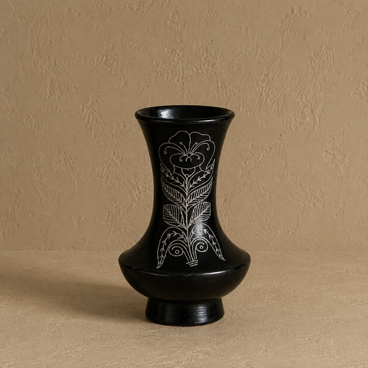Trumpet Bloom | Flower Vase, Silver Inlay, Black Pottery | Nizamabad, Azamgarh