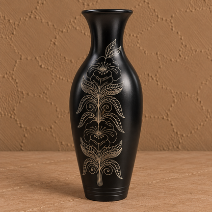 Floral Motif | Handcrafted Black Pottery Flower Vase | Nizamabad, Azamgarh