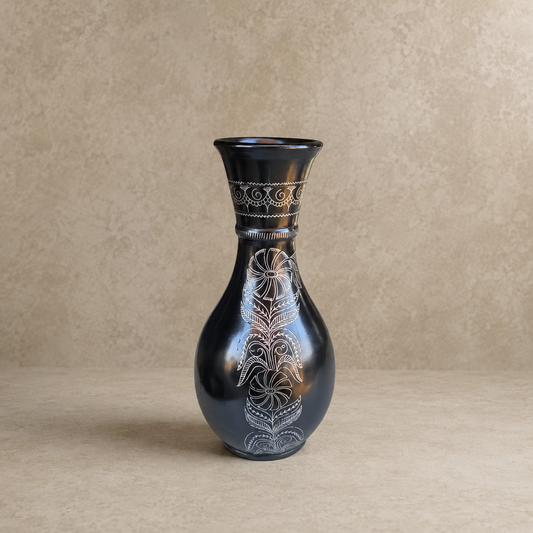 Grace Gourd | Flower Vase, Silver Inlay, Black Pottery | Nizamabad, Azamgarh