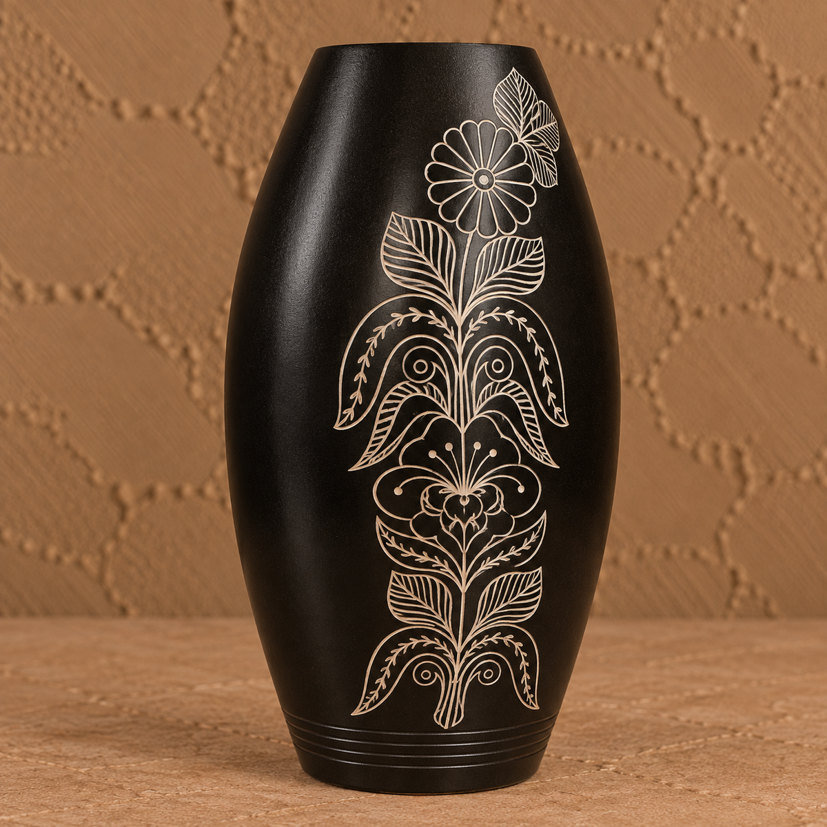 Floral Symphony | Flower Vase, Silver Inlay, Black Pottery | Nizamabad, Azamgarh