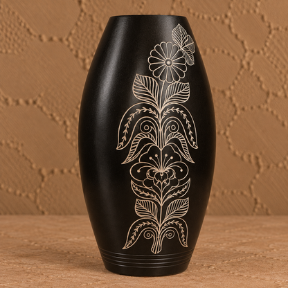 Floral Symphony | Flower Vase, Silver Inlay, Black Pottery | Nizamabad, Azamgarh