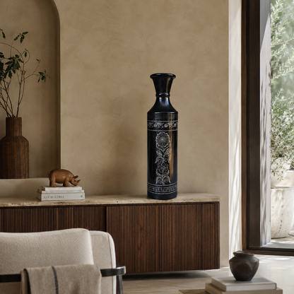 Obsidian Scepter | Flower Vase, Silver Inlay, Black Pottery | Nizamabad, Azamgarh