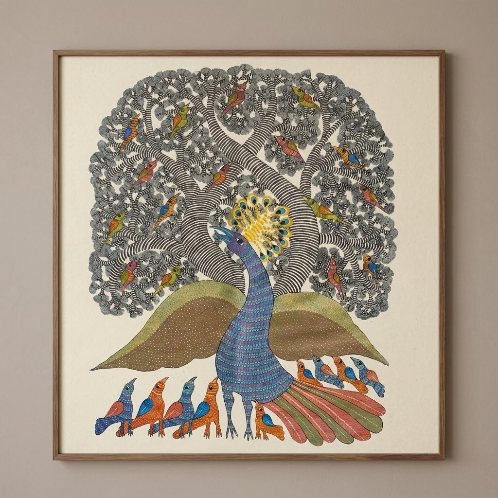 Peacock Tree — Hand Painted Gond Art Painting from Madhya Pradesh