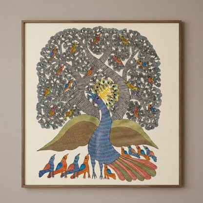 Peacock Tree — Hand Painted Gond Art Painting from Madhya Pradesh