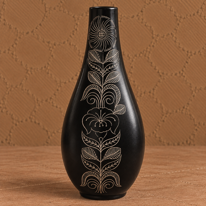 Botanical Bloom | Flower Vase, Floral Silver Inlay, Black Pottery | Nizamabad, Azamgarh