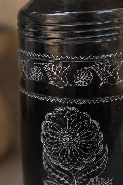 Obsidian Scepter | Flower Vase, Silver Inlay, Black Pottery | Nizamabad, Azamgarh