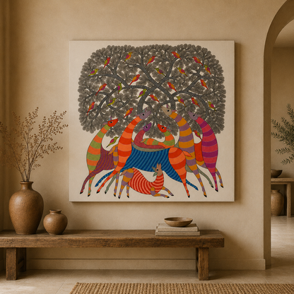 Forest Deer Gathering — Hand Painted Gond Art from Madhya Pradesh