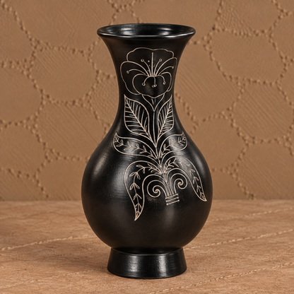 Garden Bloom | Flower Vase, Floral Silver Inlay, Black Pottery | Nizamabad, Azamgarh