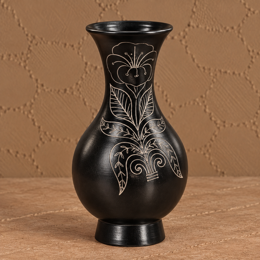 Garden Bloom | Flower Vase, Floral Silver Inlay, Black Pottery | Nizamabad, Azamgarh