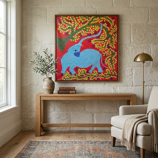 Elephant Beneath the Living Tree – Traditional Pithora Art from Chhota Udaipur, Gujarat