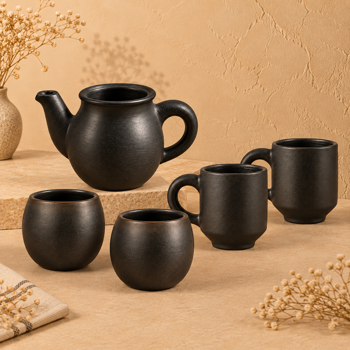 Midnight Pour | Teapot, Mugs & Cups Set, Black Pottery | Nizamabad, Azamgarh
