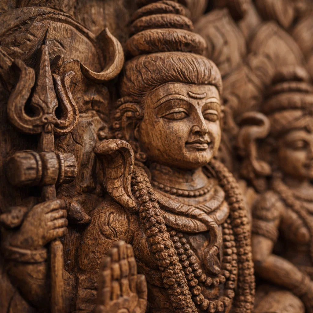 Shiva Parvati Temple Panel - Hand Carved in Poola Wood from Madhavamala, Andhra Pradesh