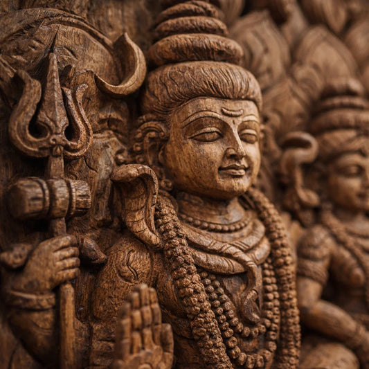 Shiva Parvati Temple Panel - Hand Carved in Poola Wood from Madhavamala, Andhra Pradesh
