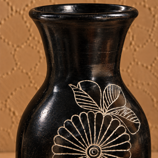 Floral Emblem | Flower Vase, Silver Inlay, Black Pottery | Nizamabad, Azamgarh