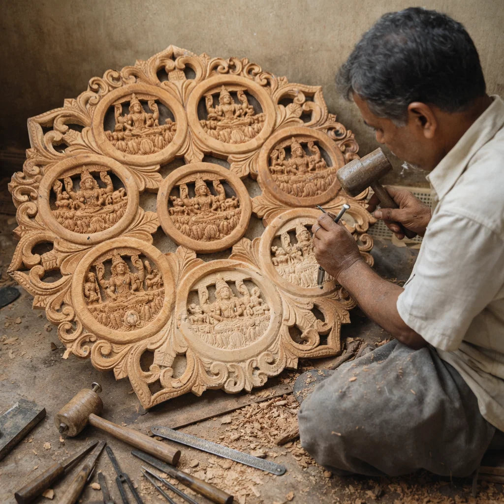Ashta Lakshmi Mandala - Hand Carved in Poola Wood from Madhavamala, Andhra Pradesh