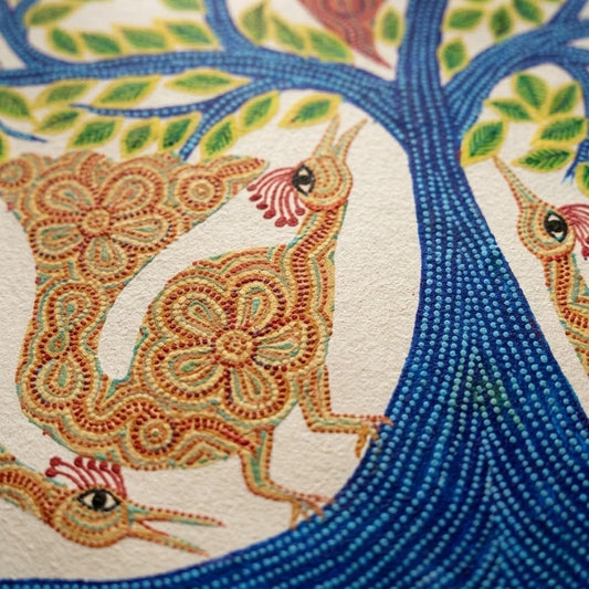 Birdsong Beneath the Living Tree - Traditional Pithora Art from Chhota Udaipur, Gujarat