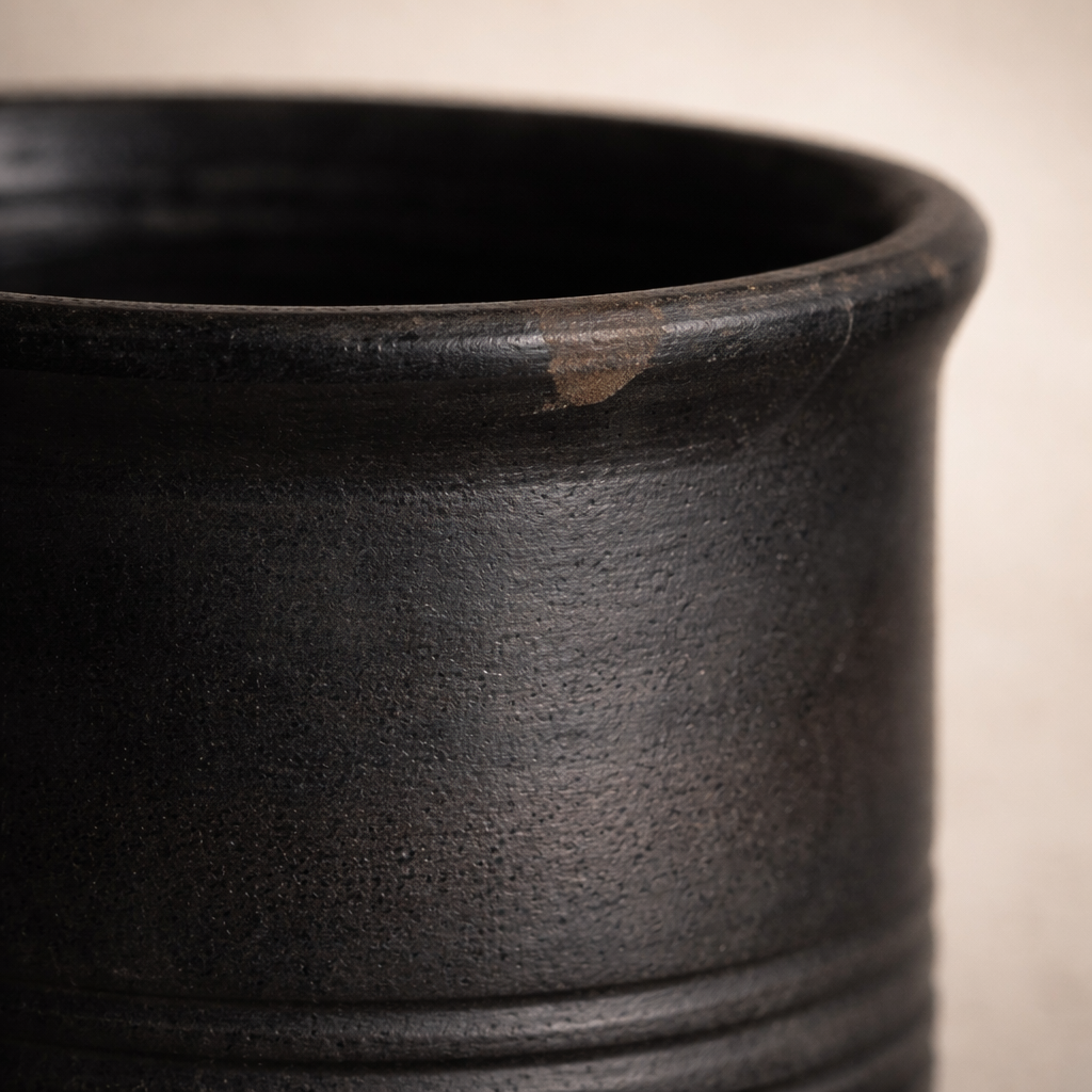 Ribbed Base Black Pottery Mug – Handcrafted Black Clay Cup | Azamgarh Terracotta Art