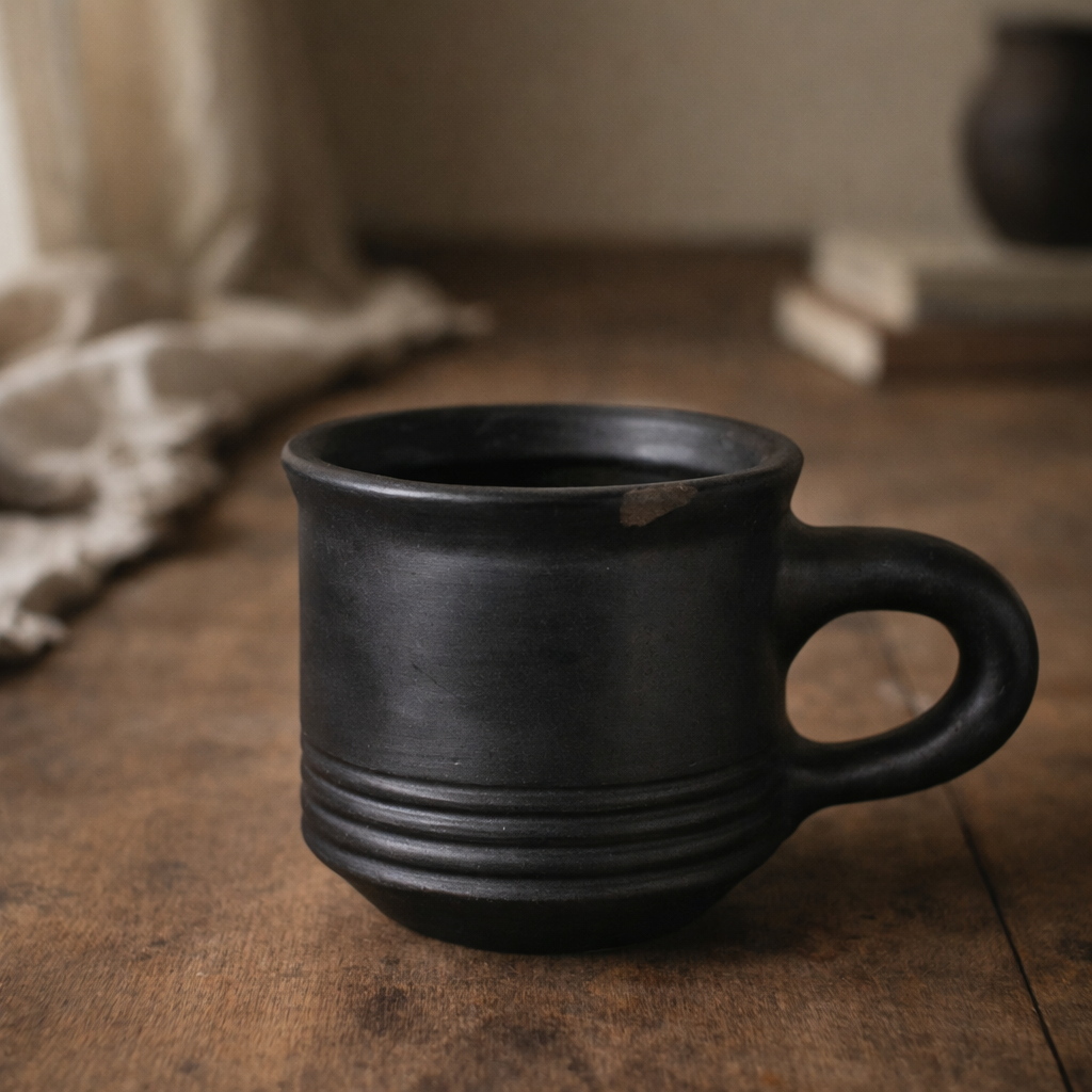 Ribbed Base Black Pottery Mug – Handcrafted Black Clay Cup | Azamgarh Terracotta Art