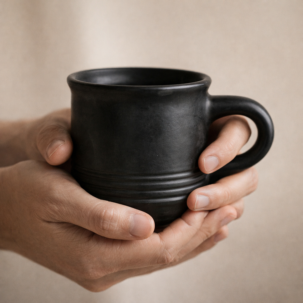 Ribbed Base Black Pottery Mug – Handcrafted Black Clay Cup | Azamgarh Terracotta Art