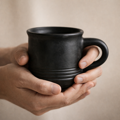 Ribbed Base Black Pottery Mug – Handcrafted Black Clay Cup | Azamgarh Terracotta Art
