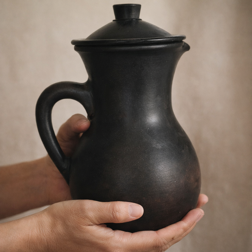 Lidded Black Pottery Jug – Handcrafted Clay Pitcher | Azamgarh Terracotta Art
