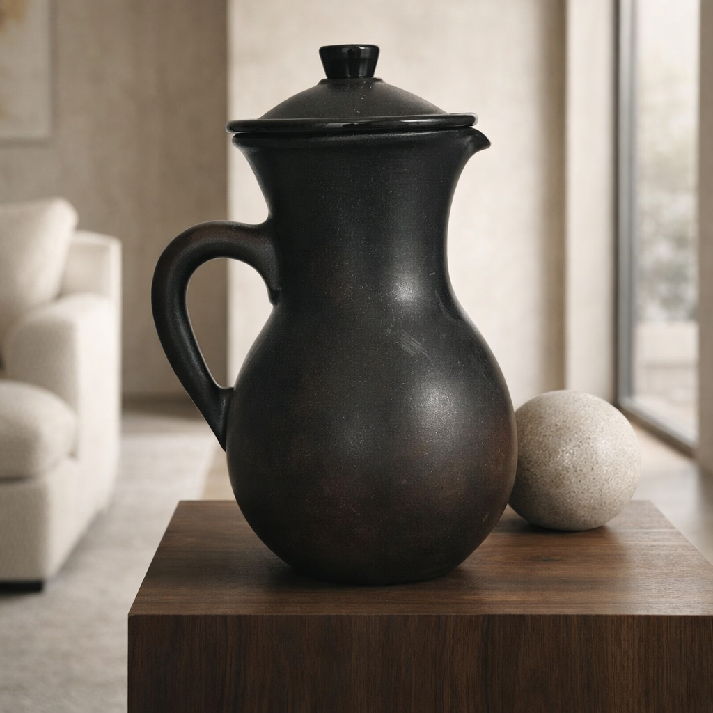 Lidded Black Pottery Jug – Handcrafted Clay Pitcher | Azamgarh Terracotta Art