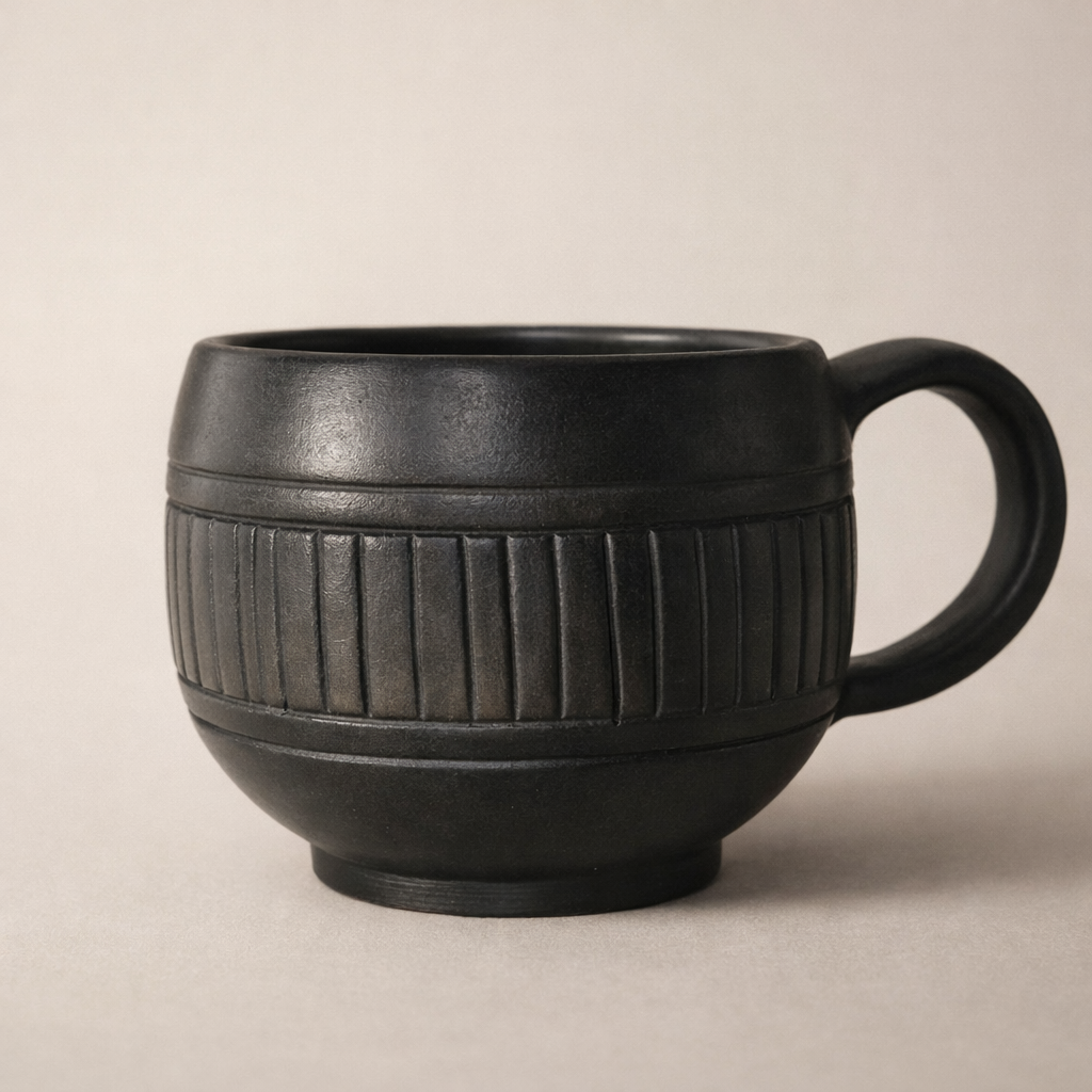 Ribbed Black Pottery Mug – Handcrafted Clay Coffee Cup | Azamgarh Terracotta Art
