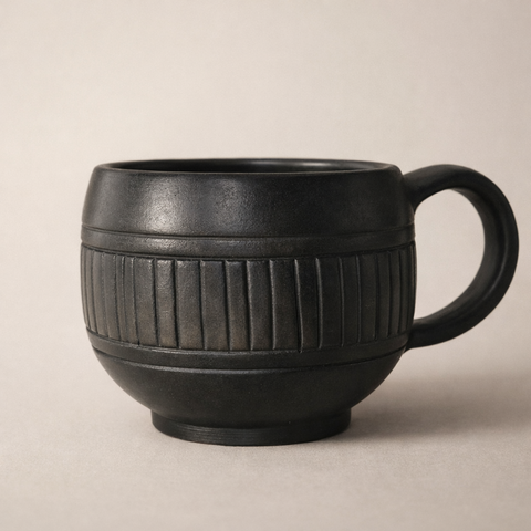 Ribbed Black Pottery Mug – Handcrafted Clay Coffee Cup | Azamgarh Terracotta Art