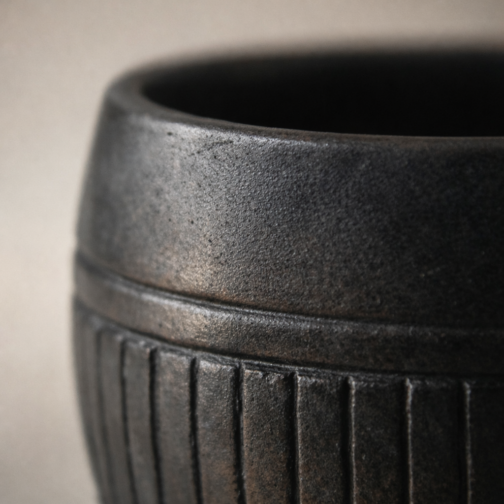 Ribbed Black Pottery Mug – Handcrafted Clay Coffee Cup | Azamgarh Terracotta Art